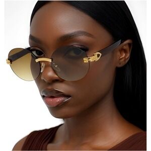 Rimless Sunglasses Women Round Gold Accents Brown Lens Casual Arms Fashion Gafas